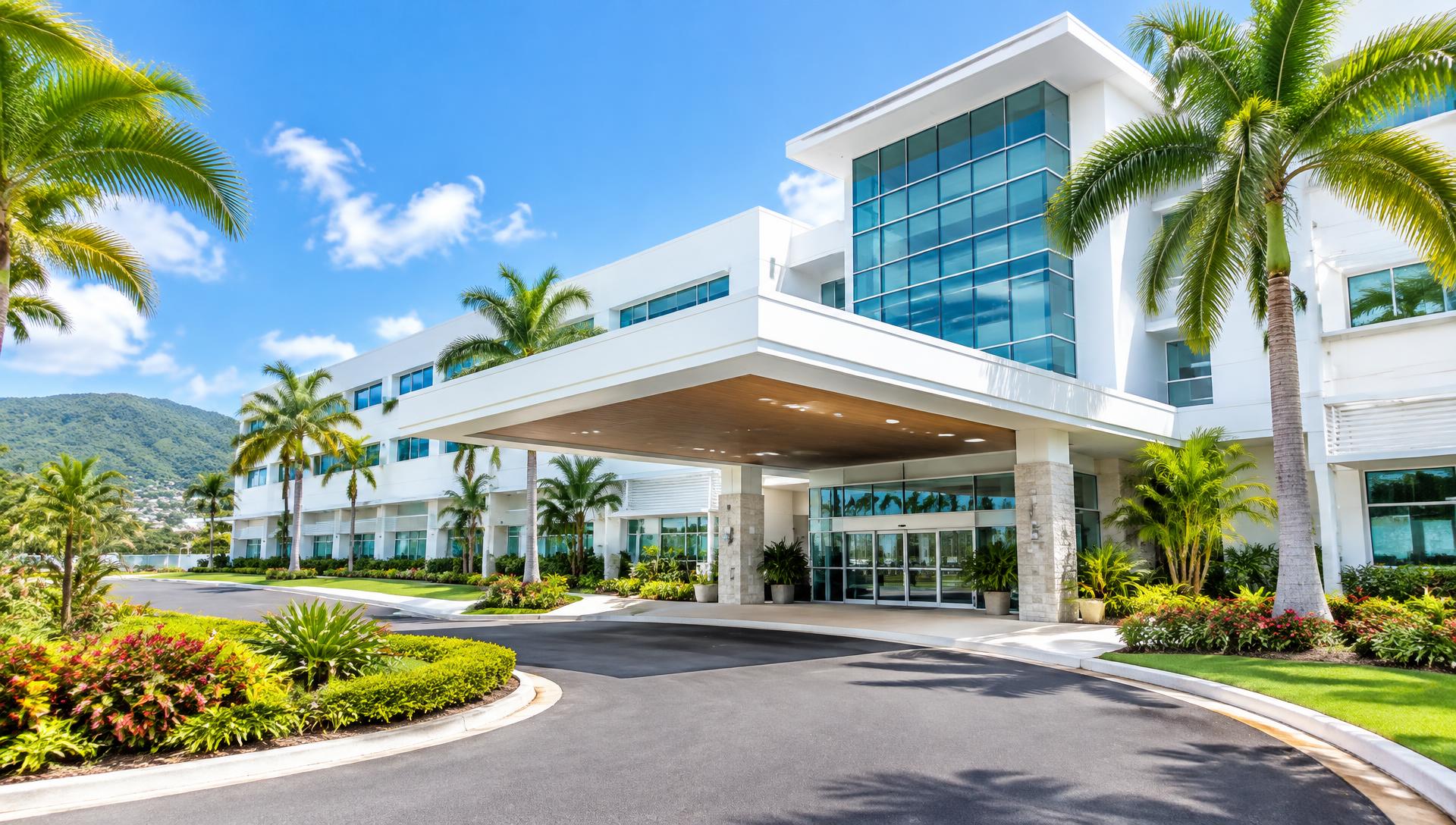 Illustrative modern Jamaican hospital entrance with palm trees