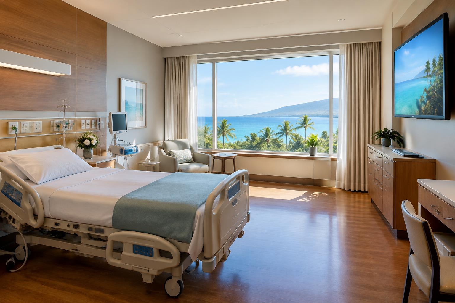 Illustrative hospital patient room with wall-mounted television and ocean-view window